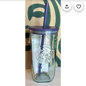 Starbucks Glass Tumbler with Purple Lid and Straw 16oz